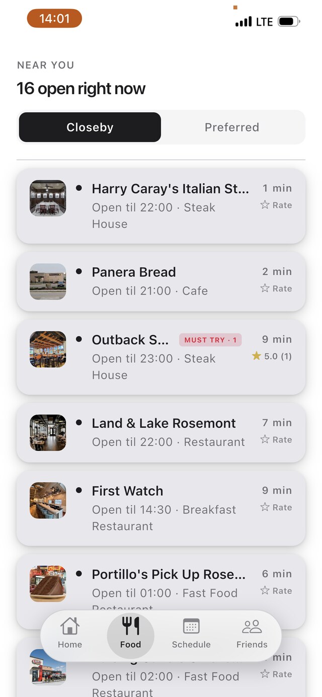 Crew Smart's food list on a real phone, showing real restaurant photos, prices, and walk times near a layover hotel