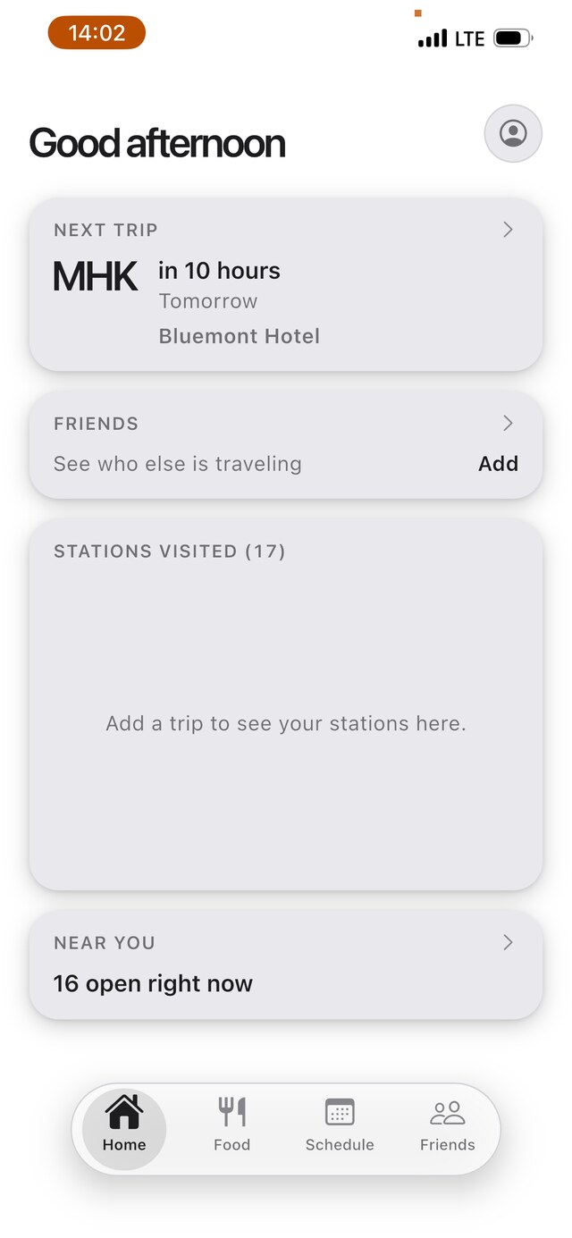 Crew Smart's home dashboard on a real phone, showing the next trip, friends nearby, and every station flown