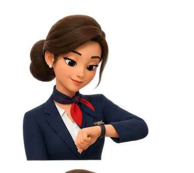 Illustrated flight attendant checking her watch